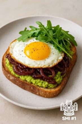 Идеальный бутерброд: авокадо, яйцо и карамелизированный лук