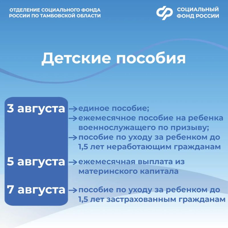 В Тамбовской области стали известны даты поступления выплат пособий семьям с детьми и пенсий за июль В Тамбовской области стали известны даты поступления выплат пособий семьям с детьми и пенсий за июль