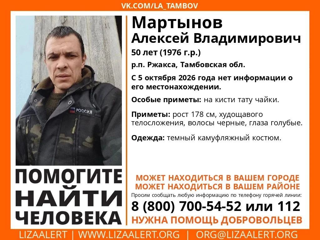 В рабочем посёлке Ржакса пропал Мартынов Алексей Владимирович, 50 лет