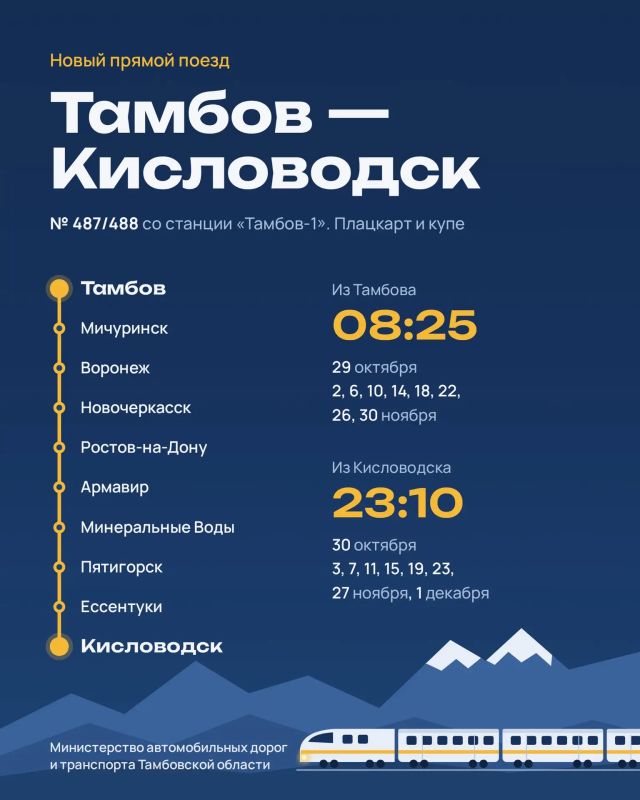 Из Тамбова — прямо на Кавминводы: запущен поезд Тамбов — Кисловодск